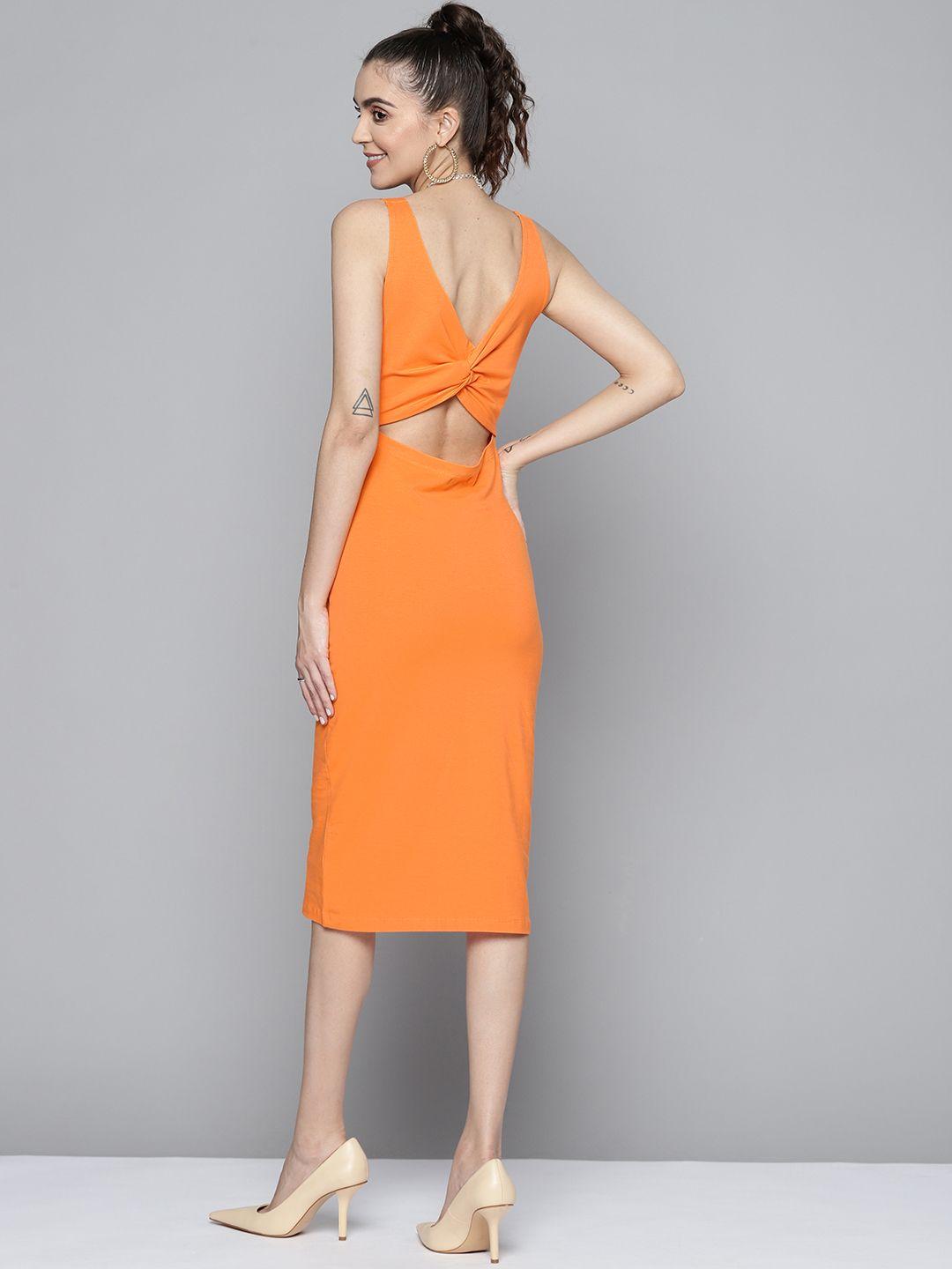 sassafras women orange solid sheath midi dress