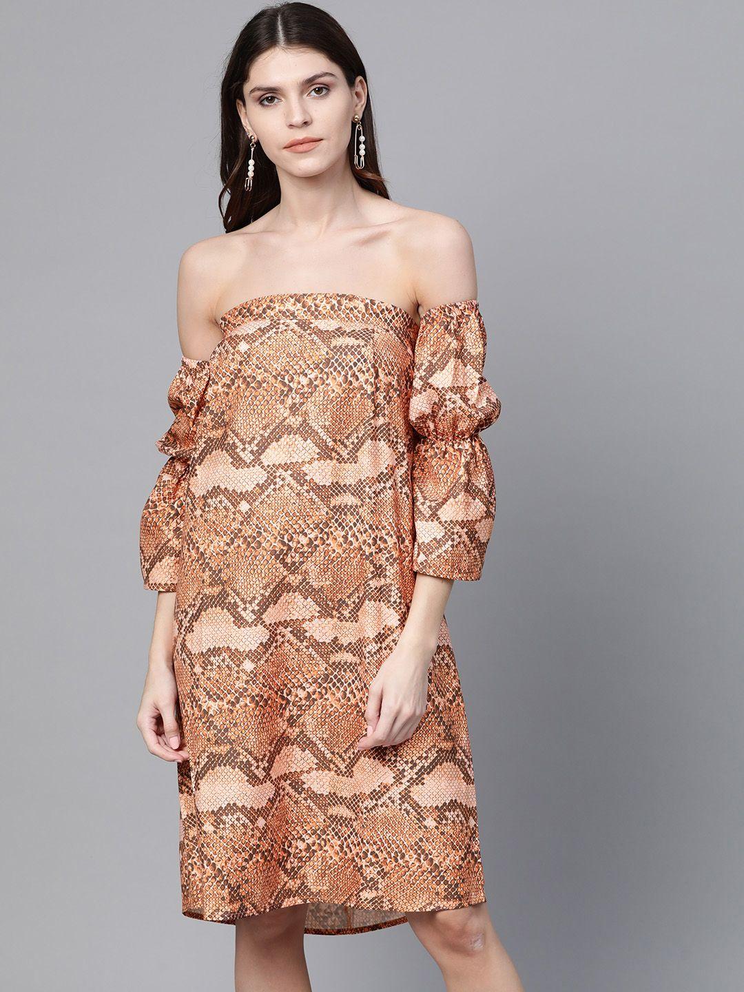 sassafras women peach-coloured & brown snake printed off-shoulder a-line dress