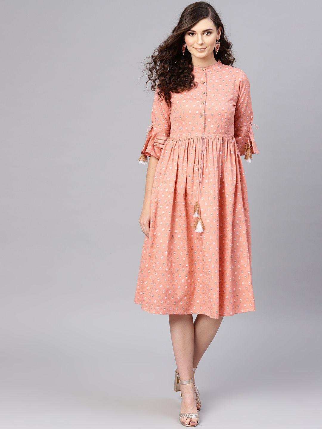 sassafras women peach-coloured & golden printed a-line dress