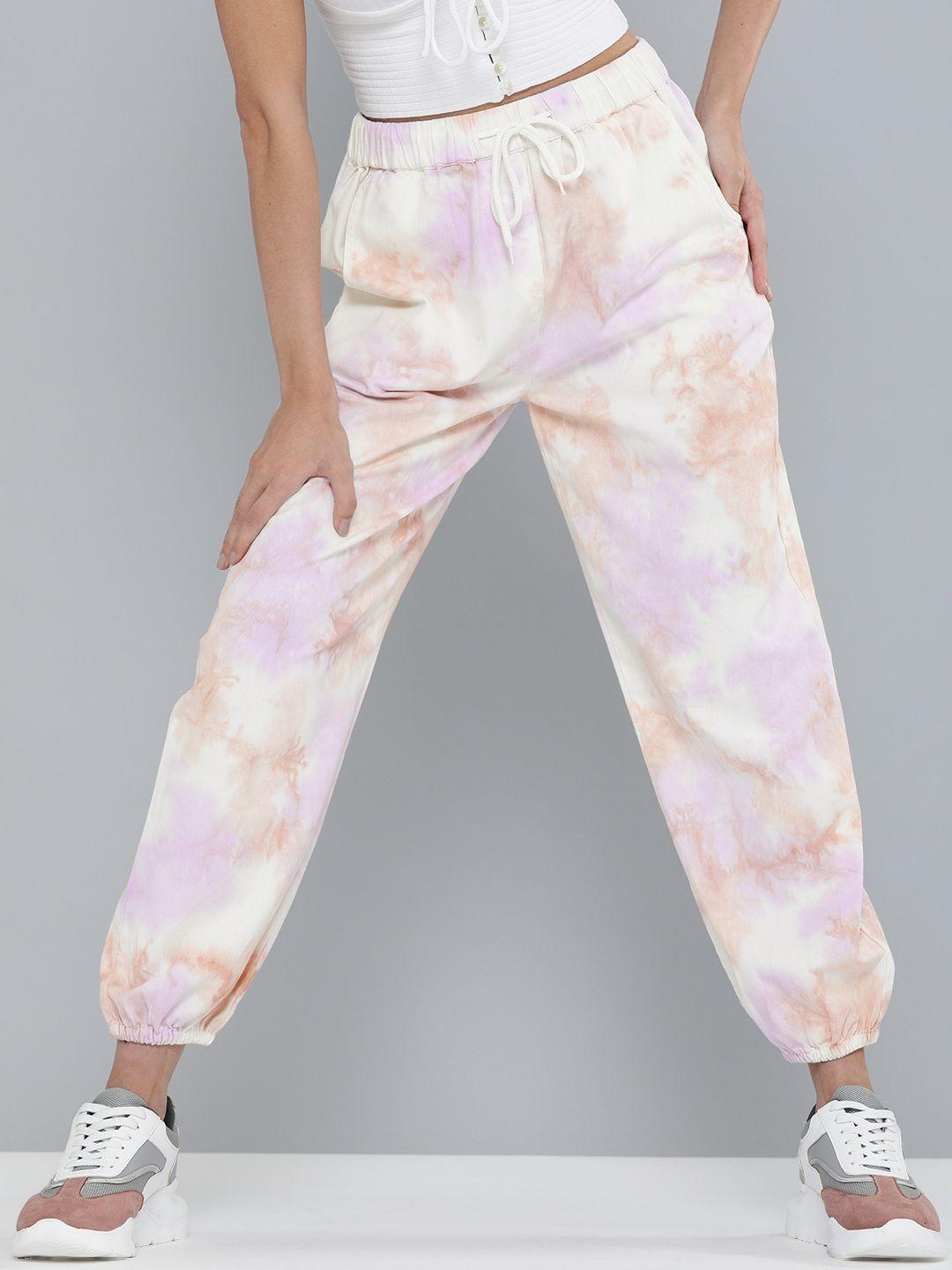 sassafras women peach-coloured & purple pure cotton dyed joggers