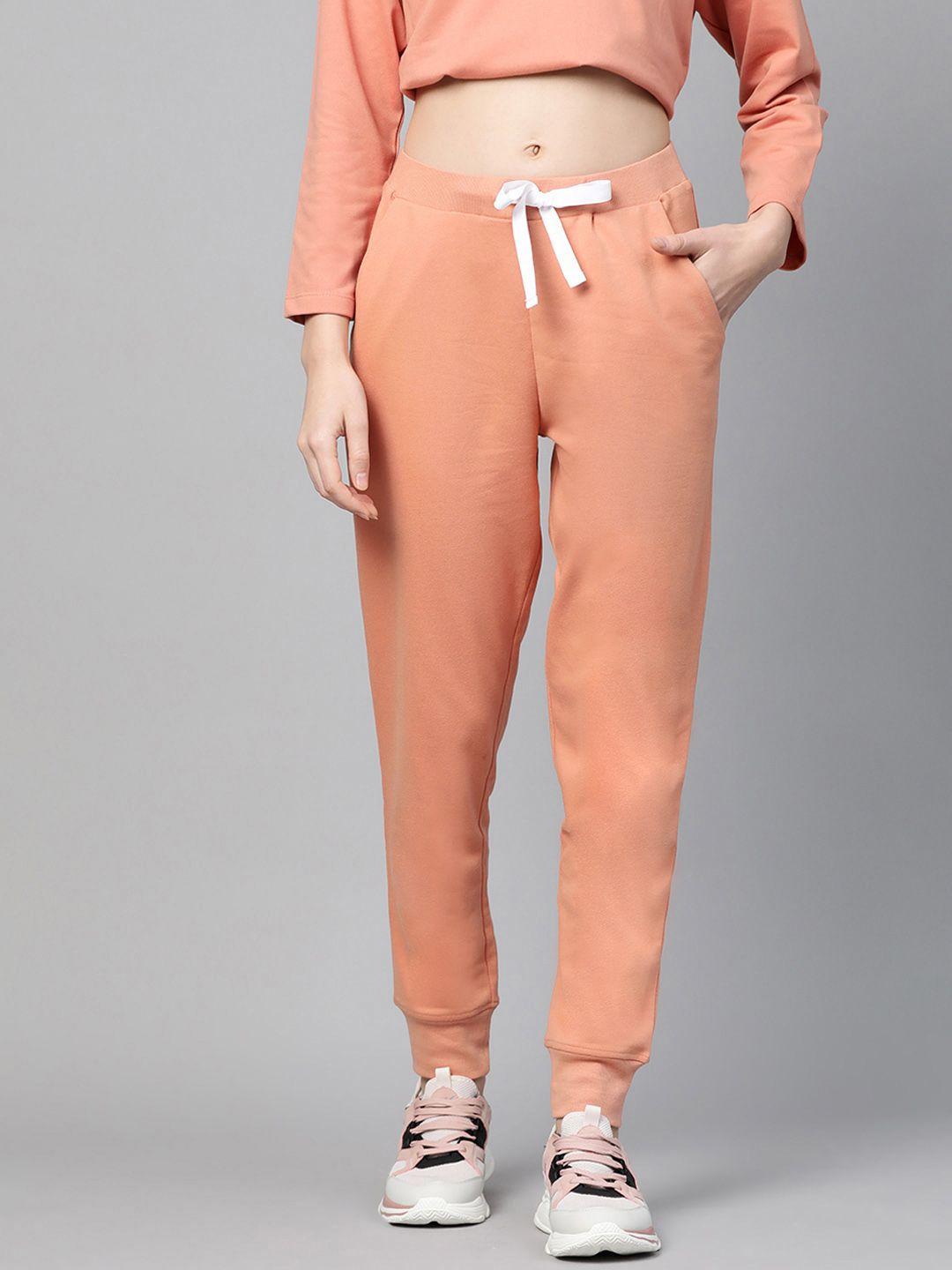 sassafras women peach-coloured regular fit solid joggers