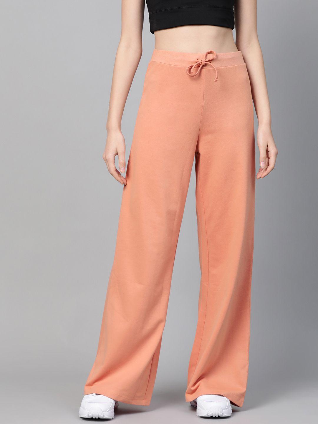 sassafras women peach-coloured solid wide leg track pants