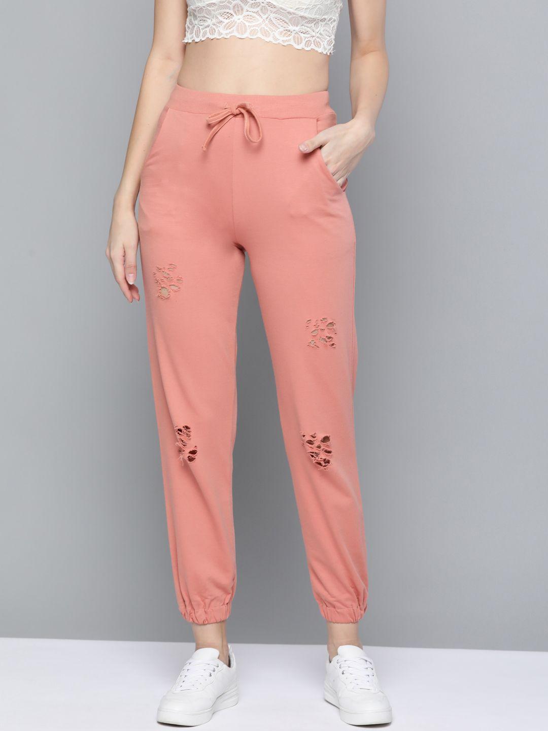 sassafras women peach high-rise ripped joggers