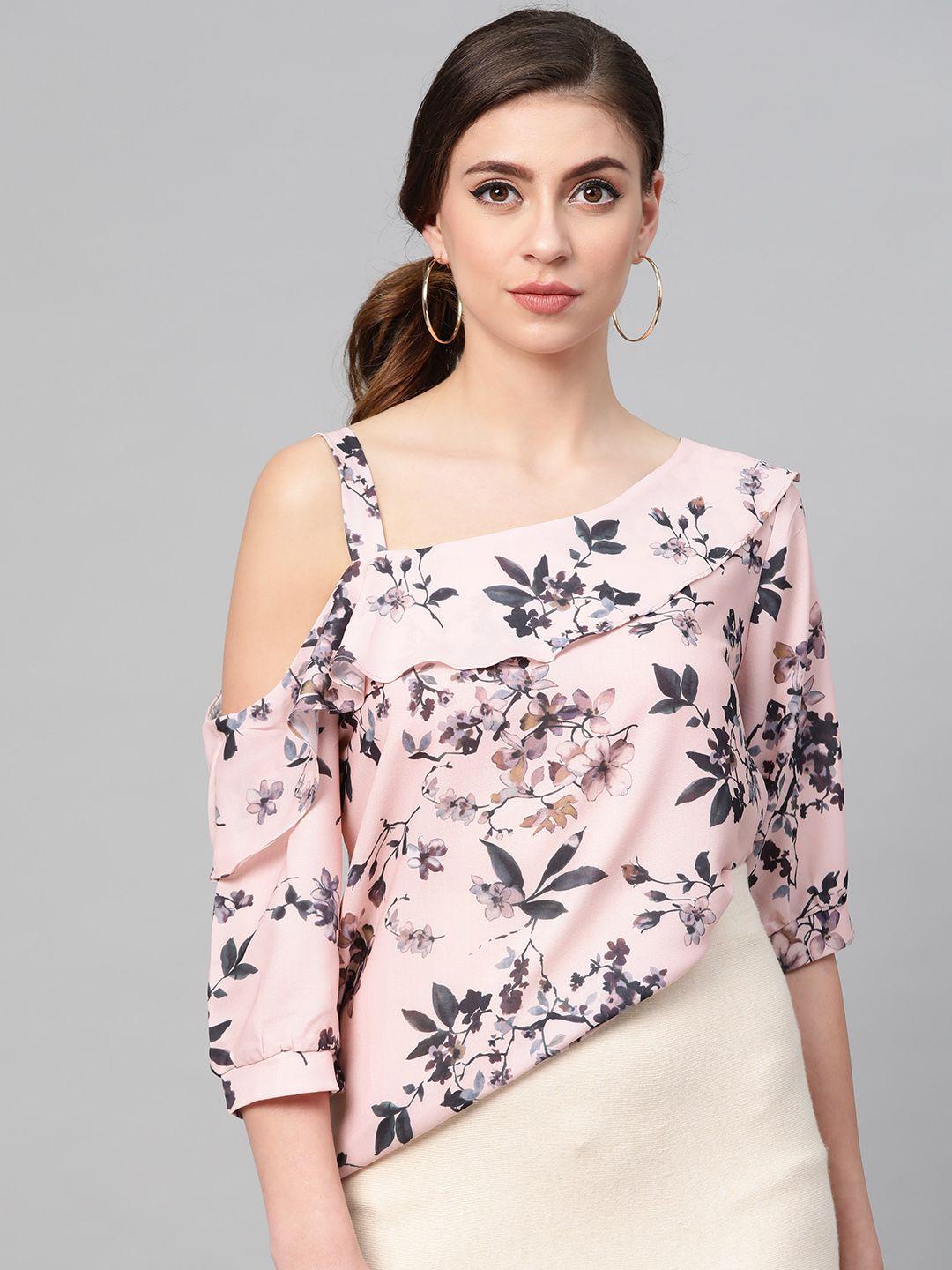 sassafras women pink& charcoal grey floral print top