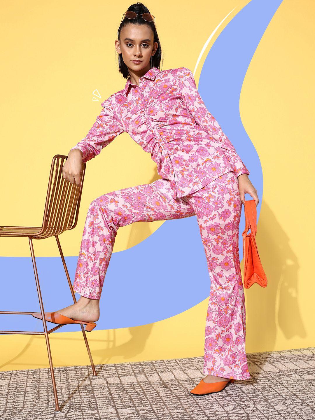 sassafras women pink & off-white printed shirt with trousers