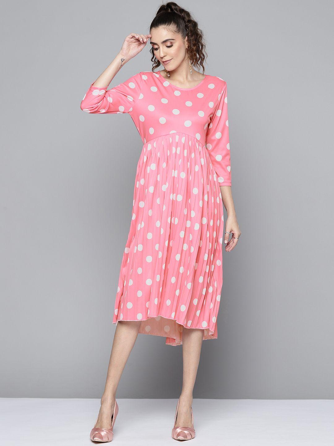 sassafras women pink & white polka dot printed a-line midi dress