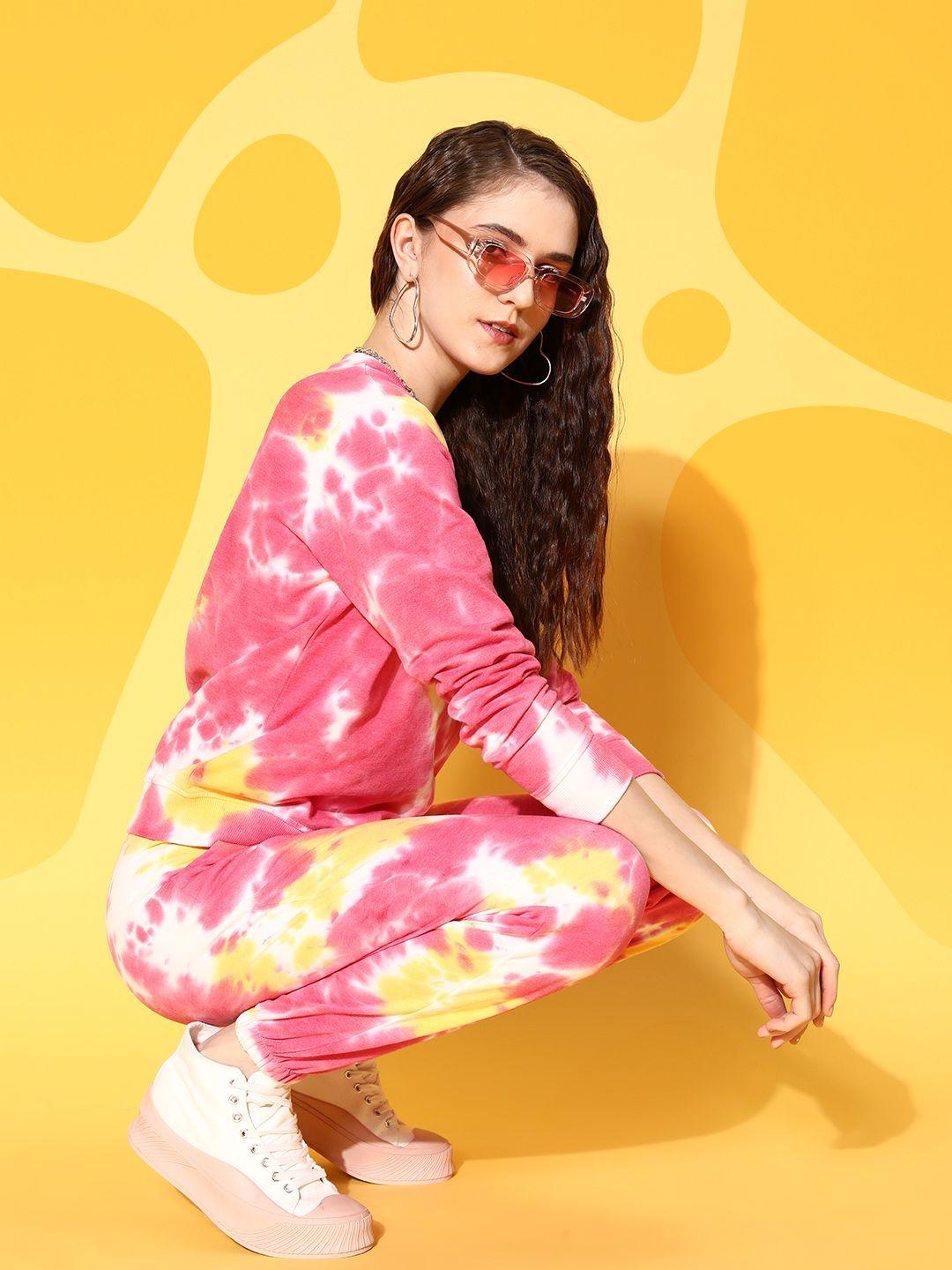 sassafras women pink & yellow dyed sweatshirt with joggers