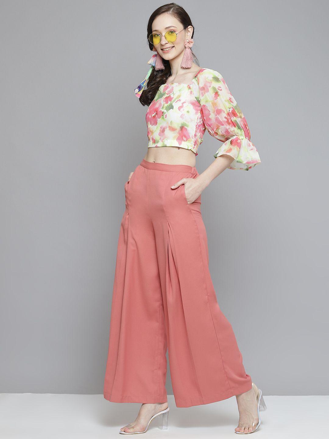 sassafras women pink flared high-rise pleated trousers