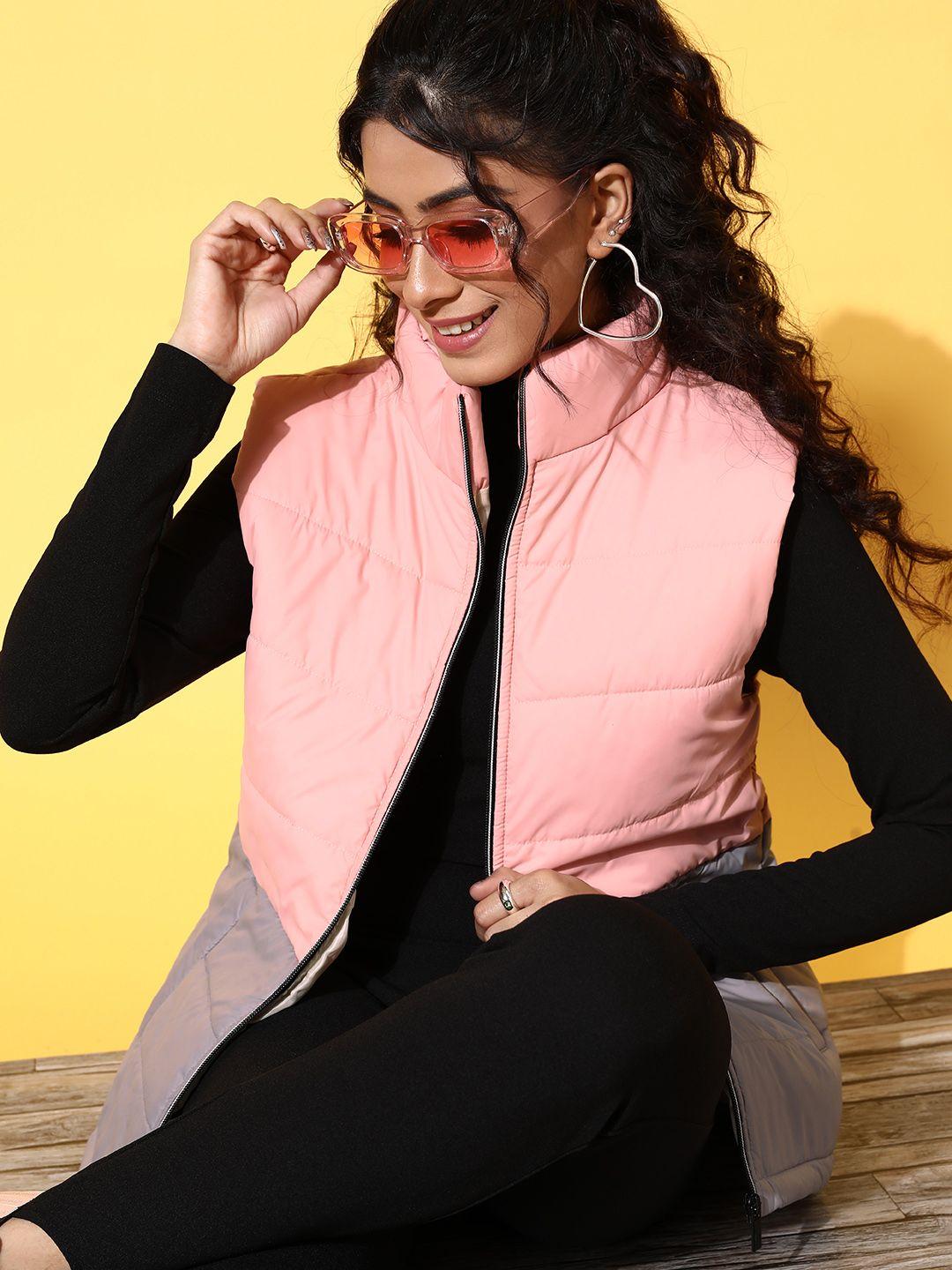 sassafras women pink grey colourblocked puffer jacket