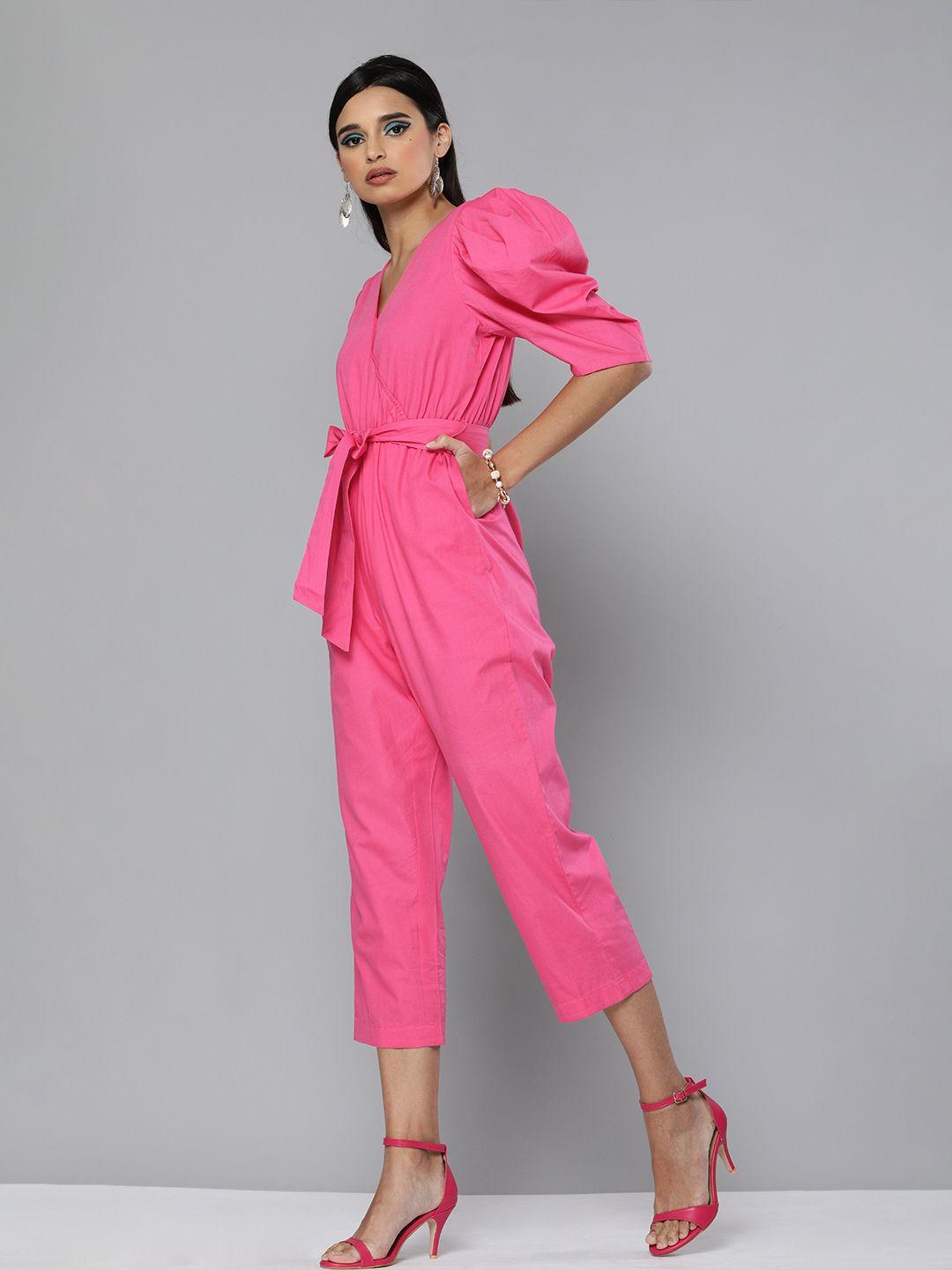 sassafras women pink pure cotton solid capri jumpsuit with belt