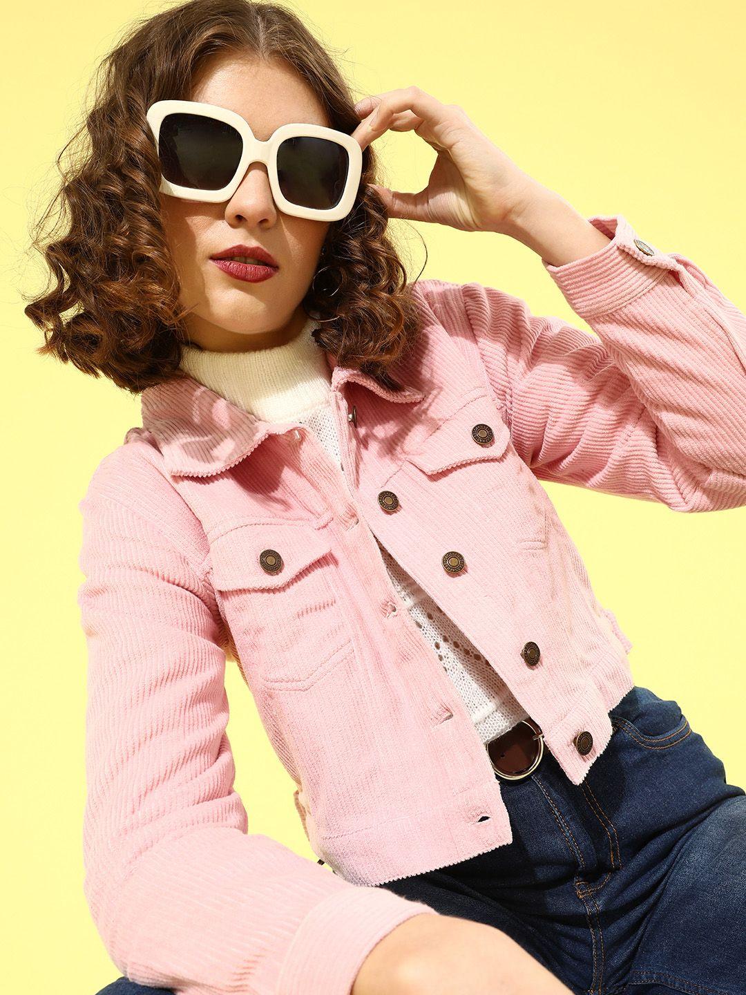 sassafras women pink striped corduroy crop trucker jacket