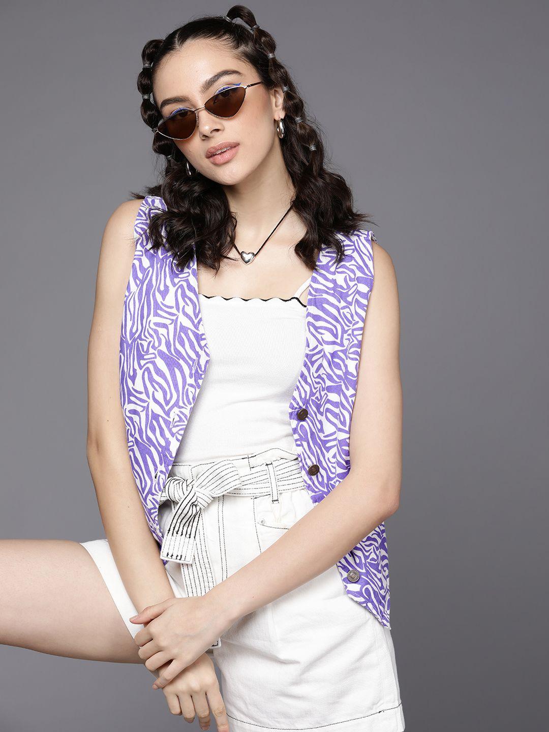 sassafras women purple & off-white abstract print waistcoat