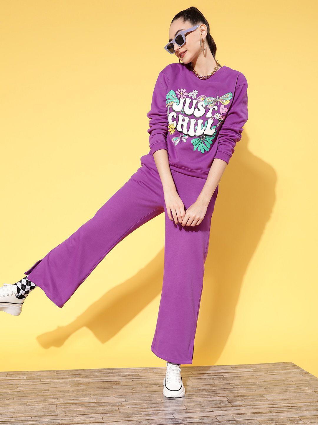 sassafras women purple & white printed sweatshirts and trousers