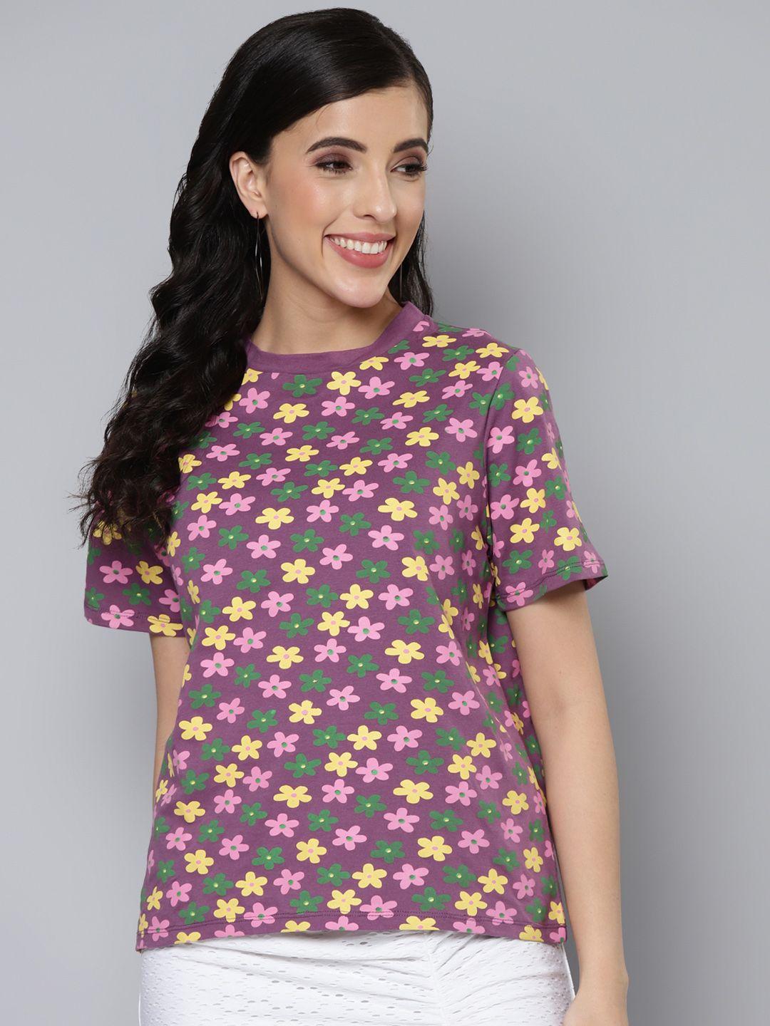 sassafras women purple & yellow floral printed pure cotton t-shirt