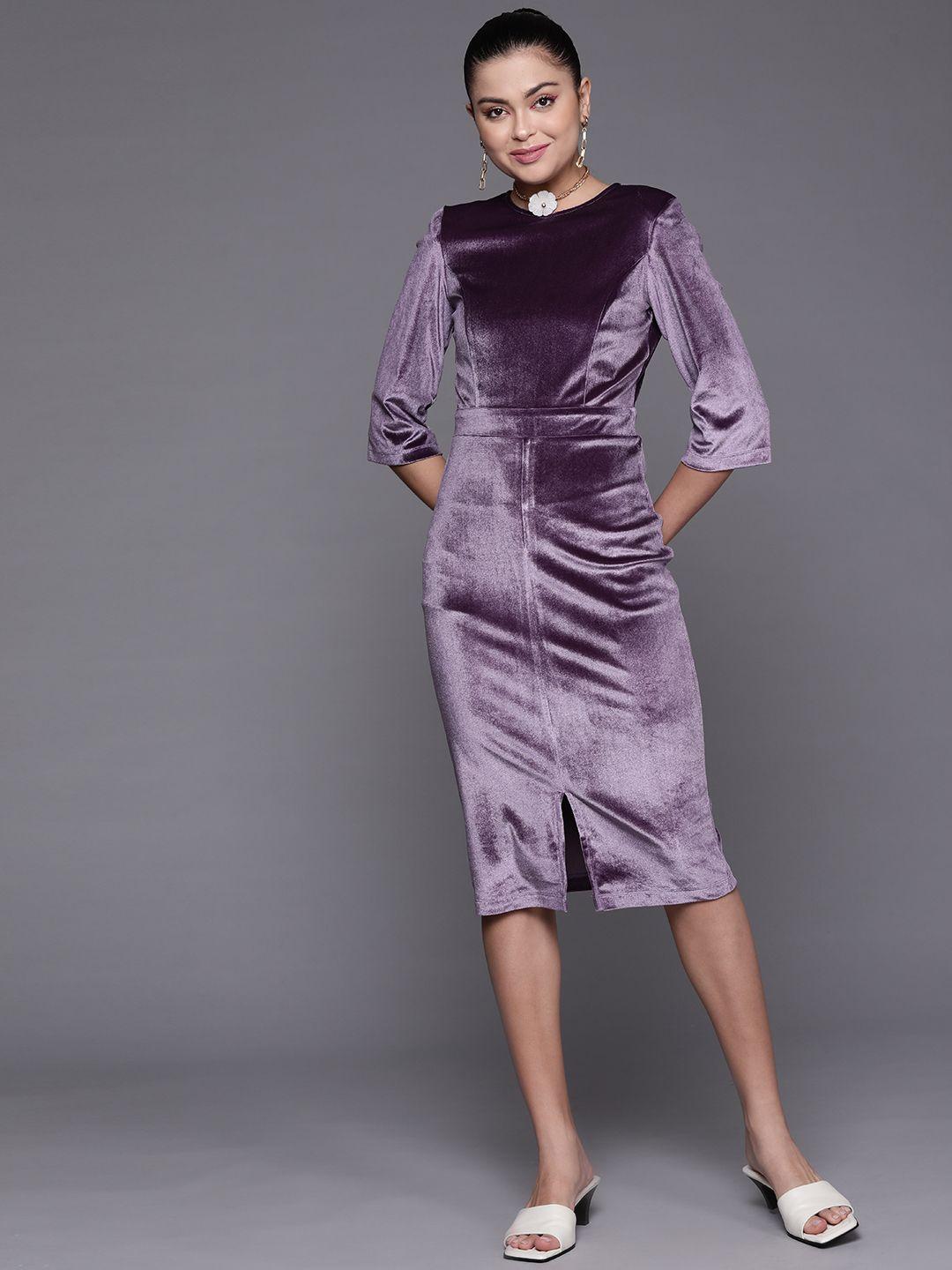 sassafras women purple solid velvet sheath midi dress