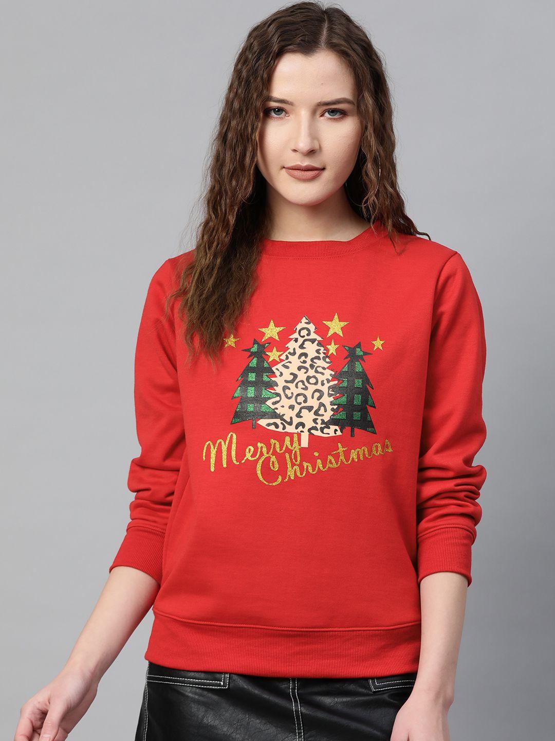 sassafras women red & golden christmas tree print sweatshirt