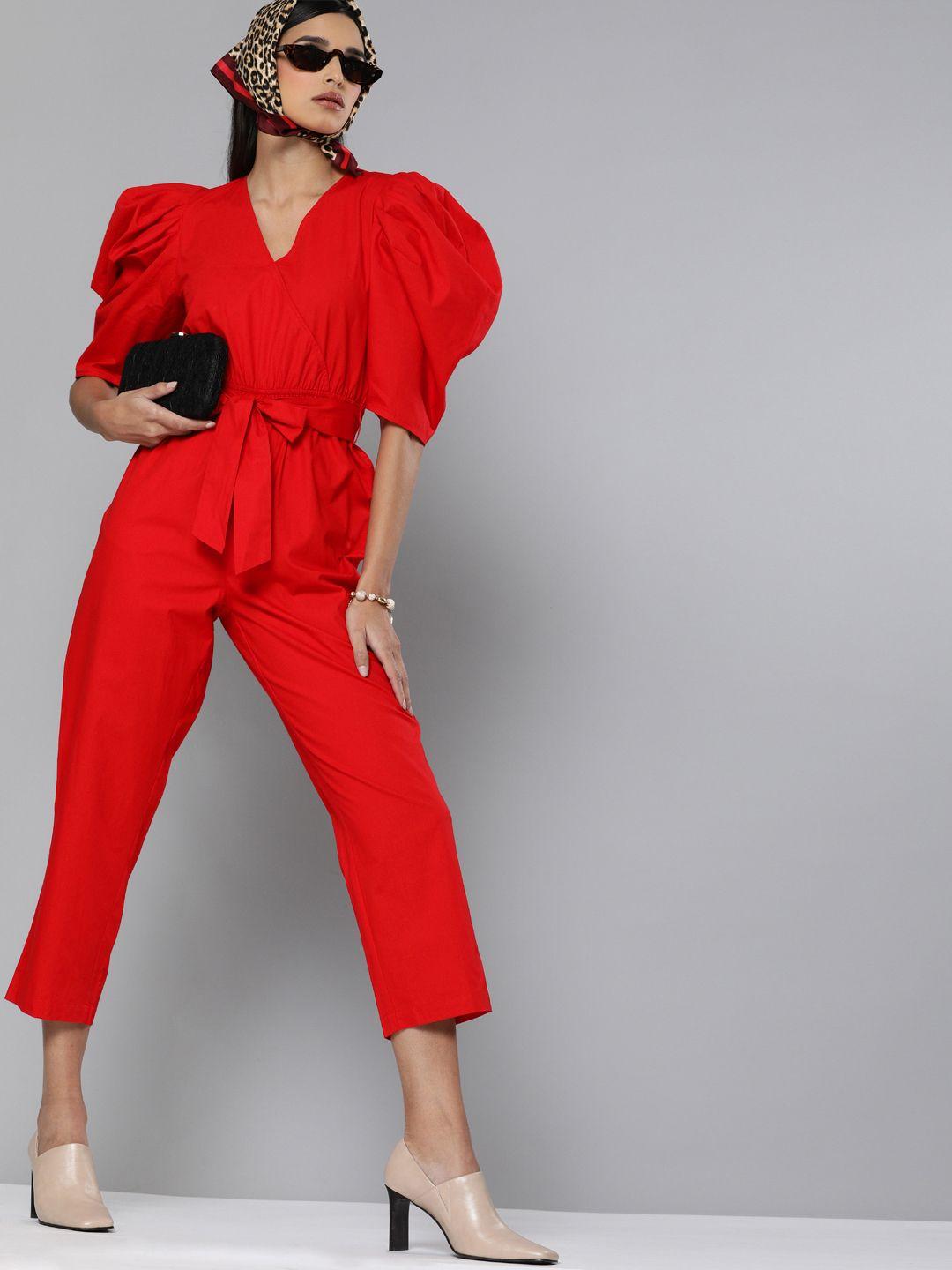 sassafras women red pure cotton solid capri jumpsuit with belt