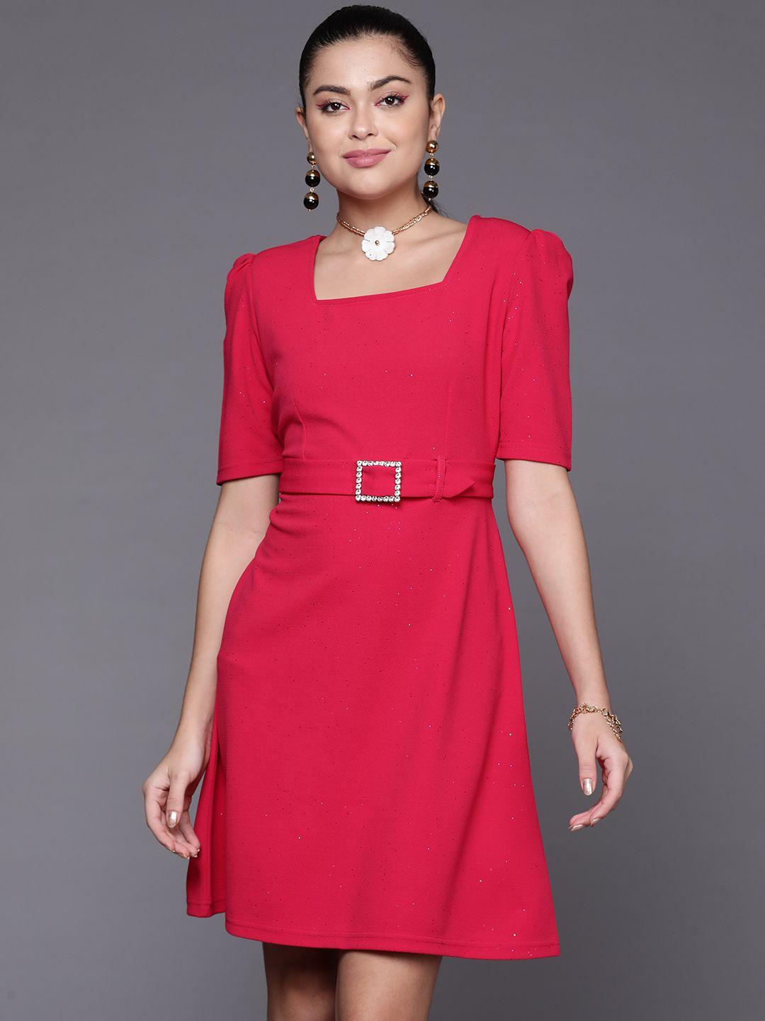 sassafras women red solid belted a-line dress