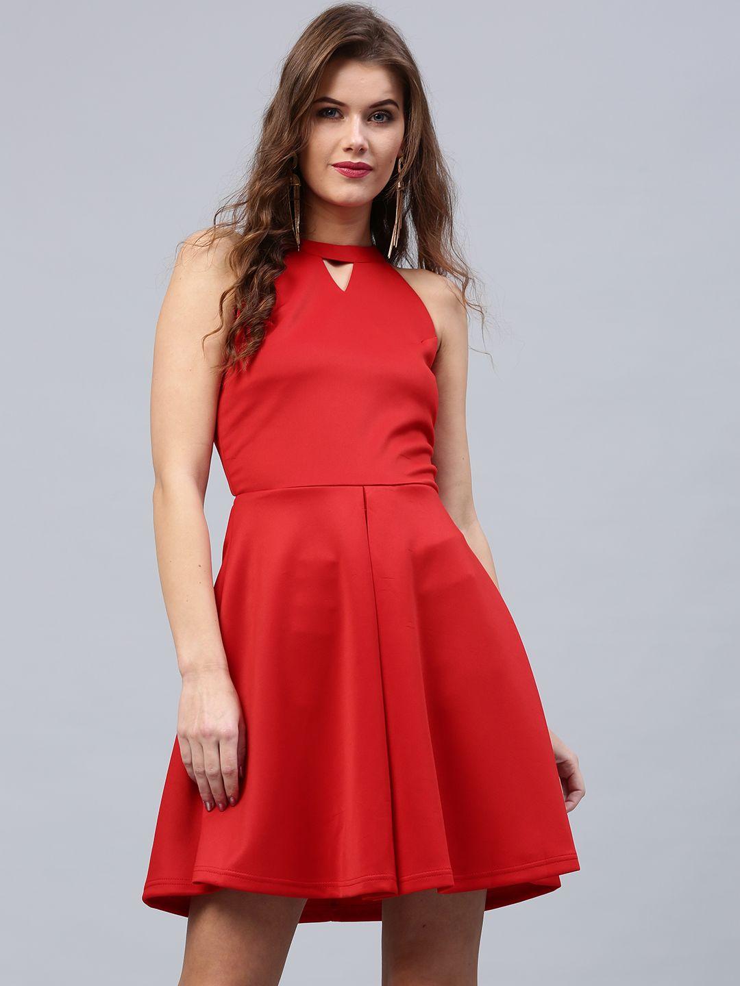 sassafras women red solid fit & flare dress