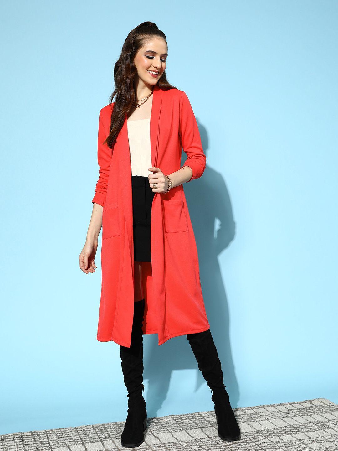 sassafras women red solid open front longline shrug