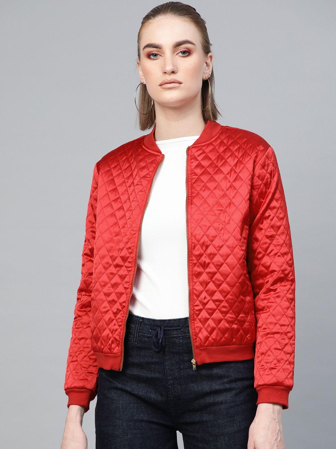 sassafras women red solid quilted jacket