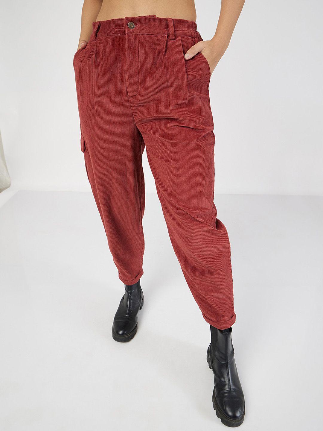 sassafras women rust mid-rise pure cotton corduroy trousers