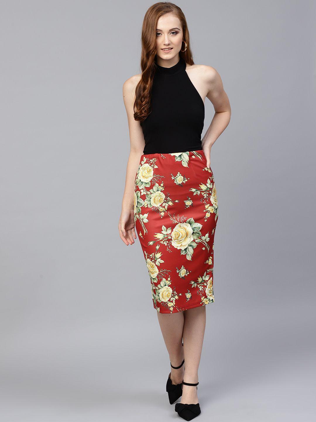 sassafras women rust red & yellow printed pencil skirt