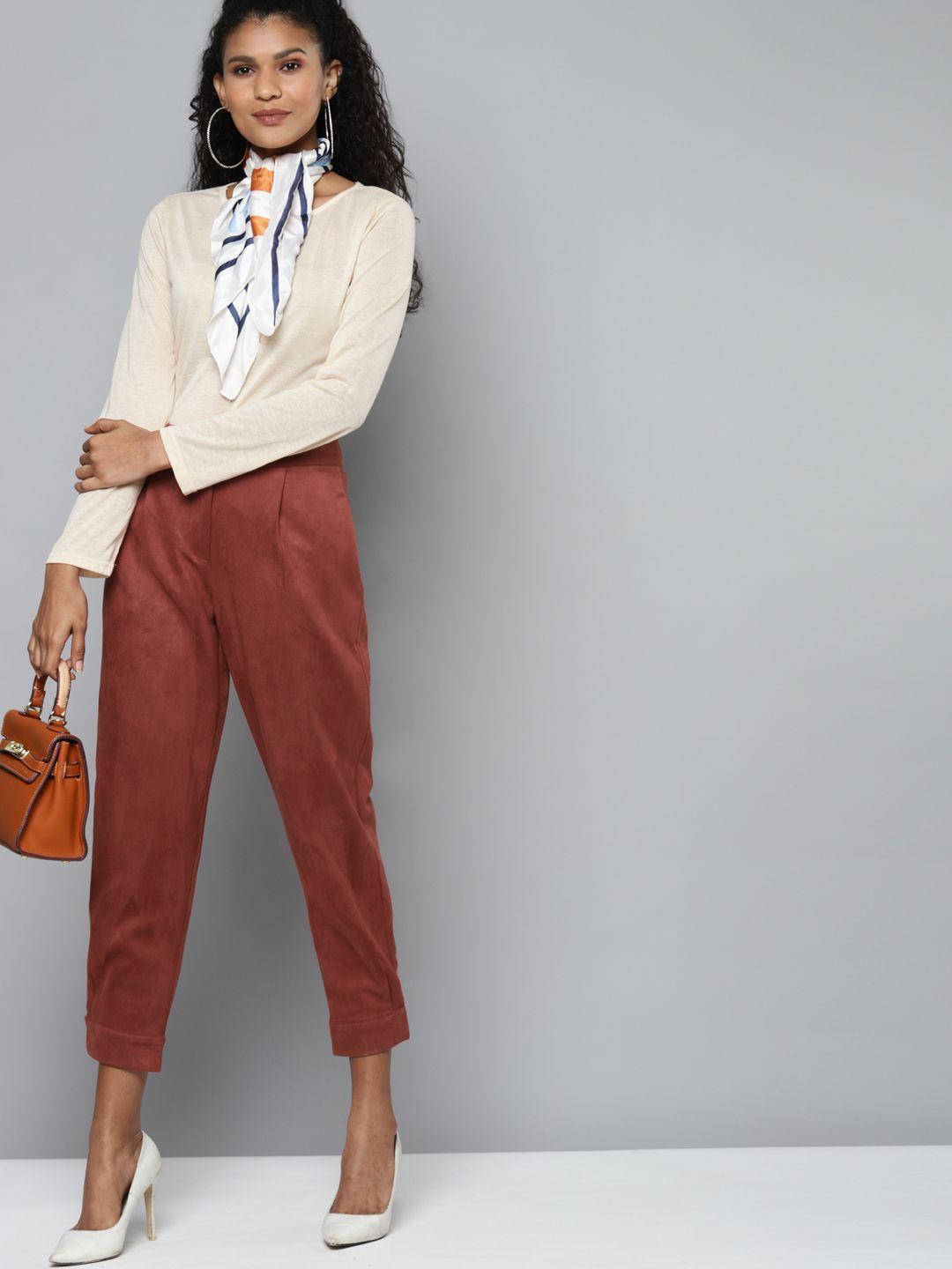 sassafras women rust red high-rise suede button hem pants