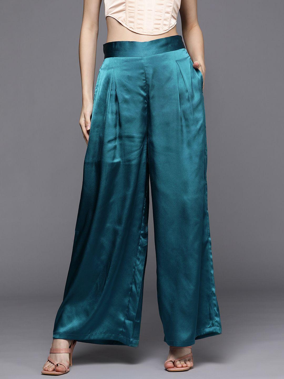 sassafras women teal comfort pleated trousers