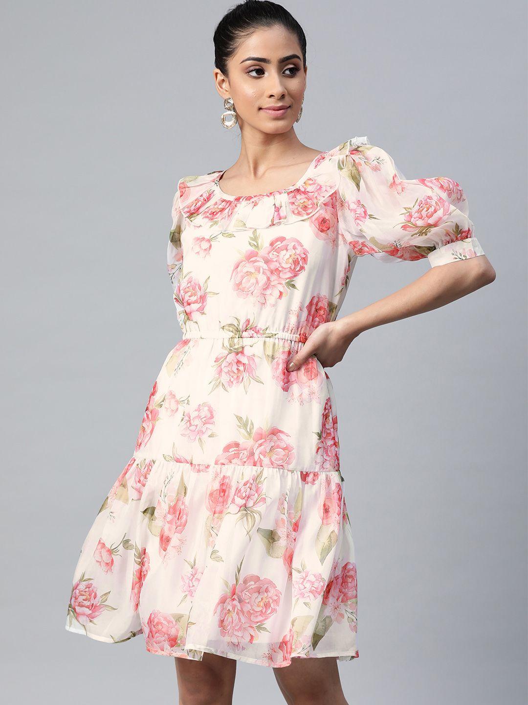 sassafras women white & pink floral printed tiered fit and flare dress