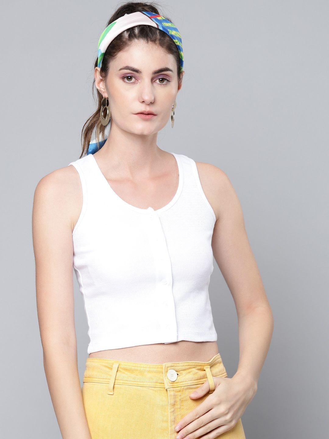 sassafras women white solid ribbed fitted crop top