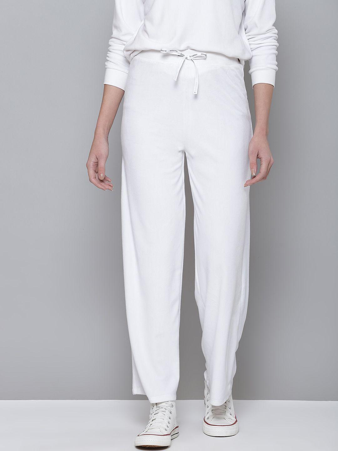 sassafras women white solid wide leg track pant