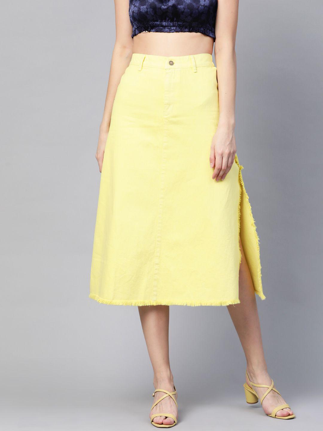 sassafras women yellow denim a-line solid midi skirt