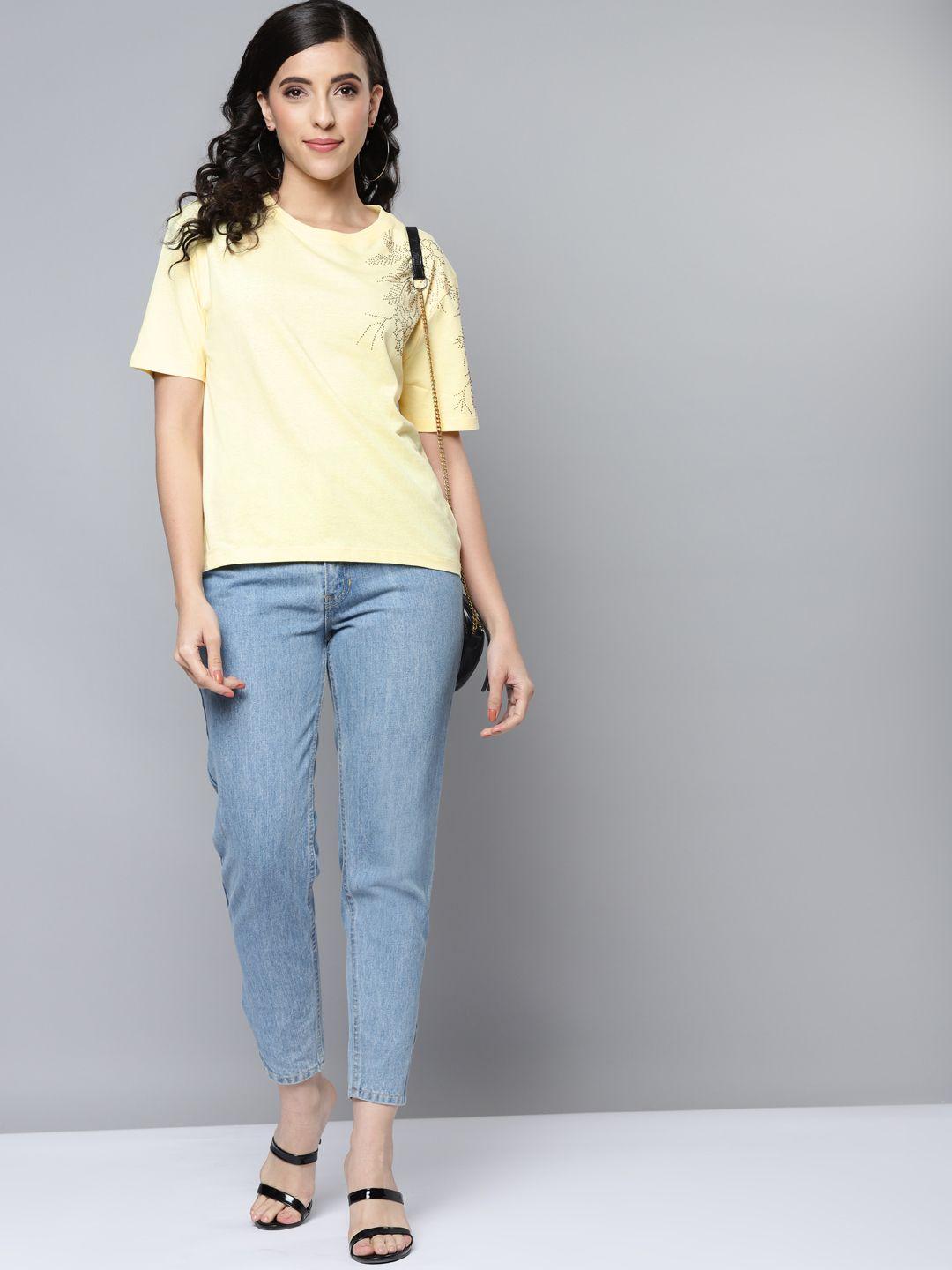 sassafras women yellow floral embellished pure cotton t-shirt