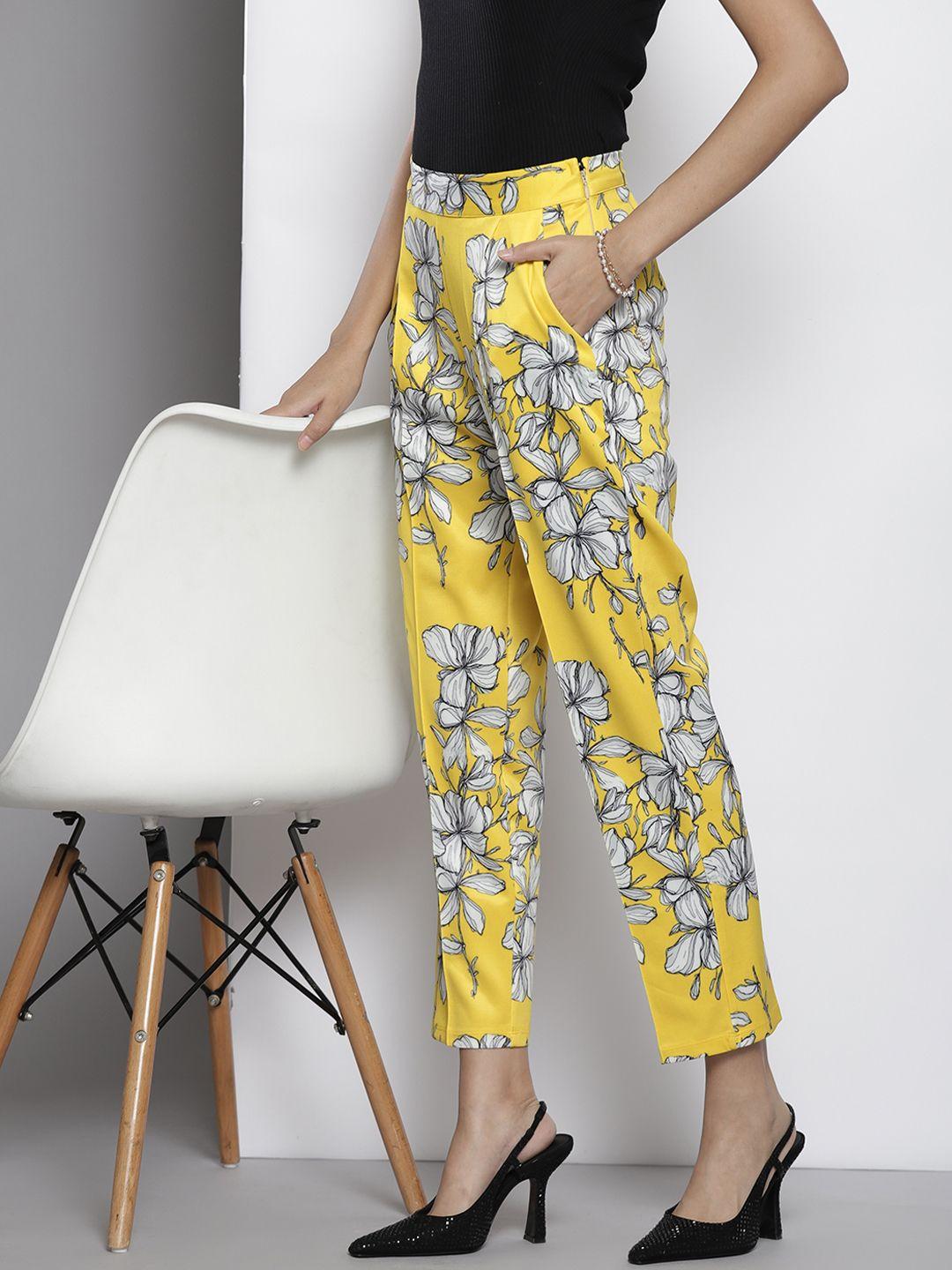 sassafras women yellow floral printed comfort trousers