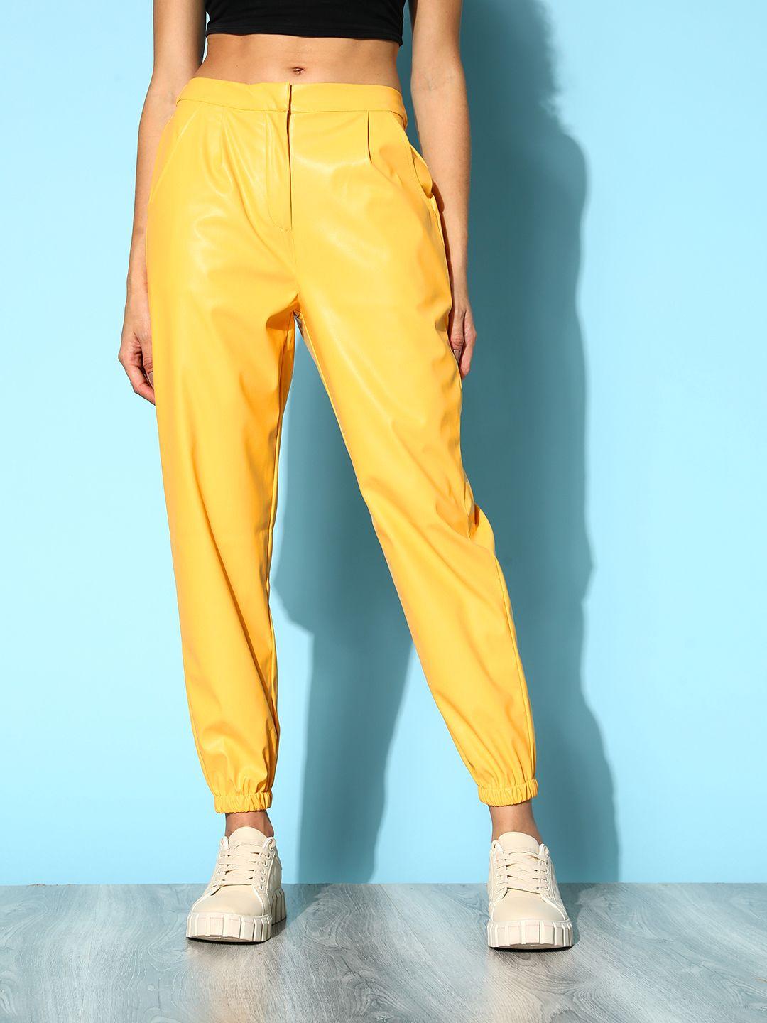 sassafras women yellow pu comfort non iron joggers trousers