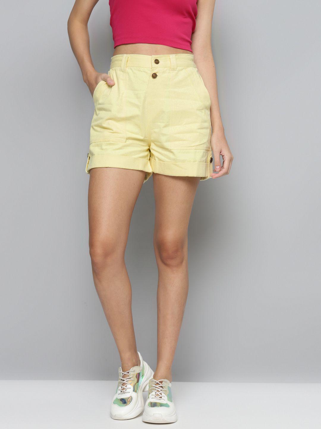 sassafras women yellow pure cotton solid regular fit shorts