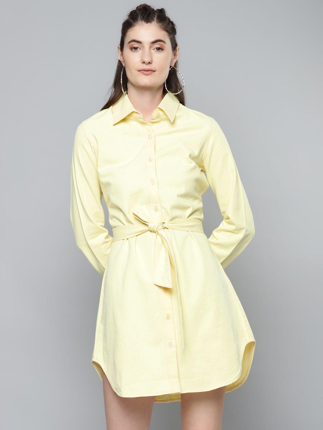 sassafras women yellow solid cotton shirt dress with belt