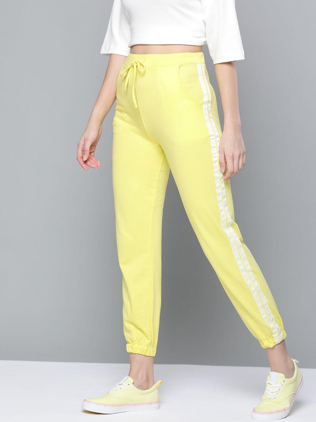 sassafras women yellow solid high-rise cropped joggers