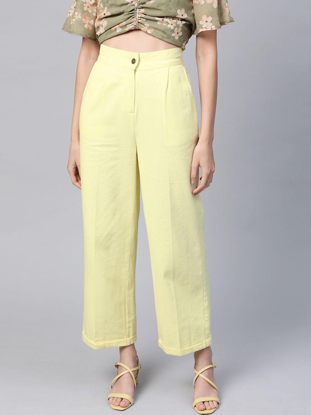 sassafras women yellow straight fit cropped pure cotton peg trousers