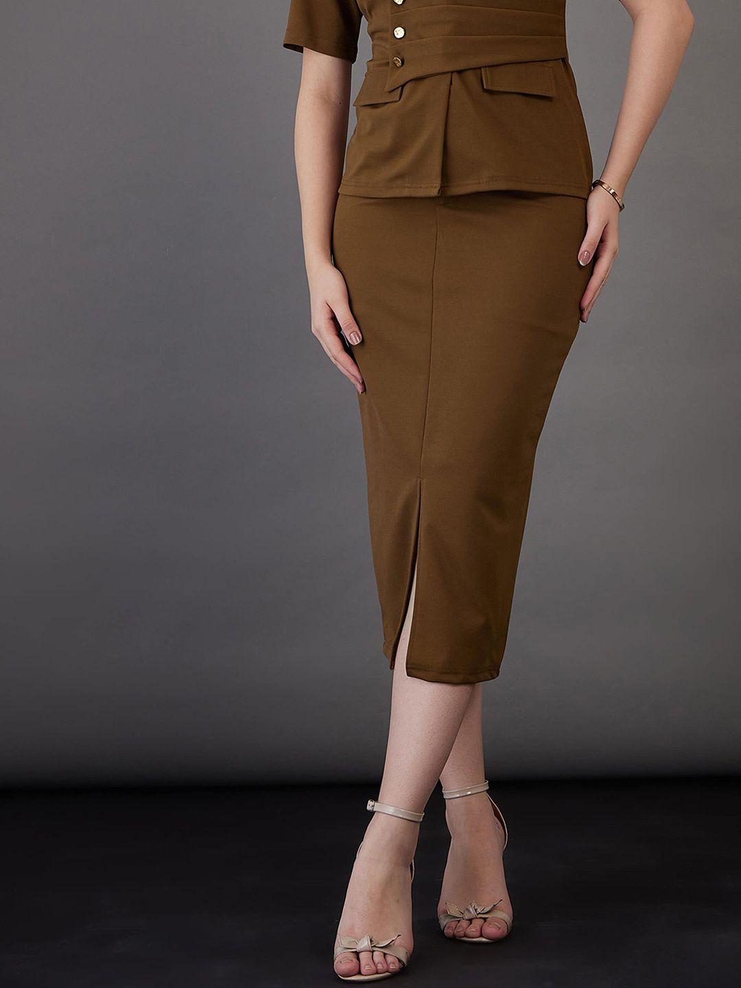 sassafras worklyf front slit straight midi skirt