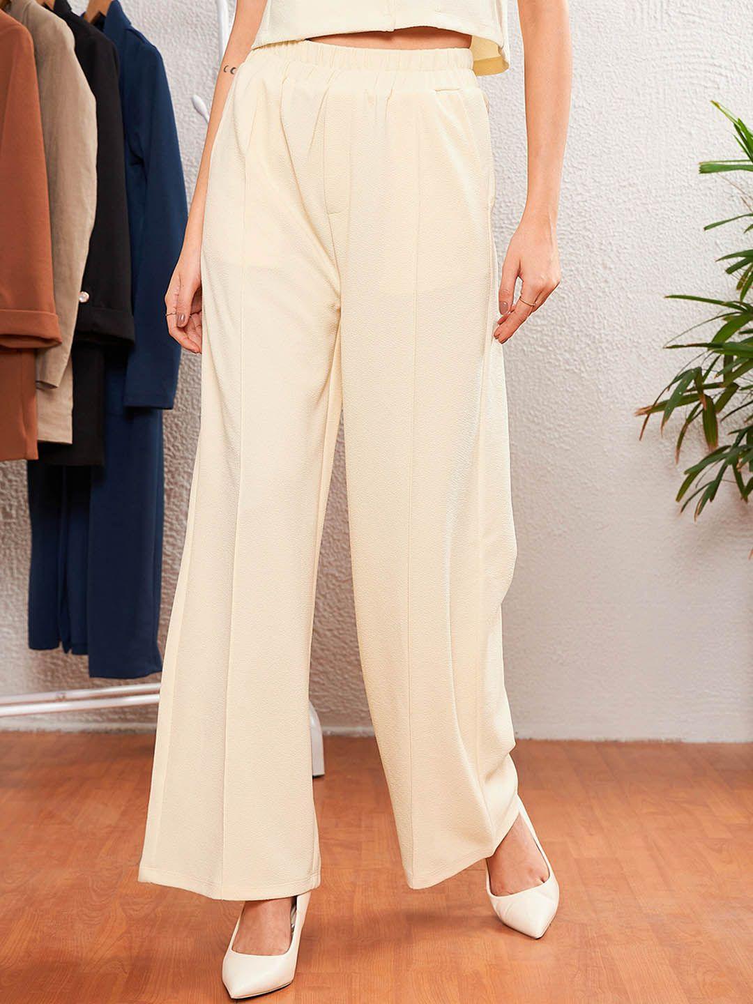sassafras worklyf women cream-coloured straight fit high-rise easy wash pleated trousers