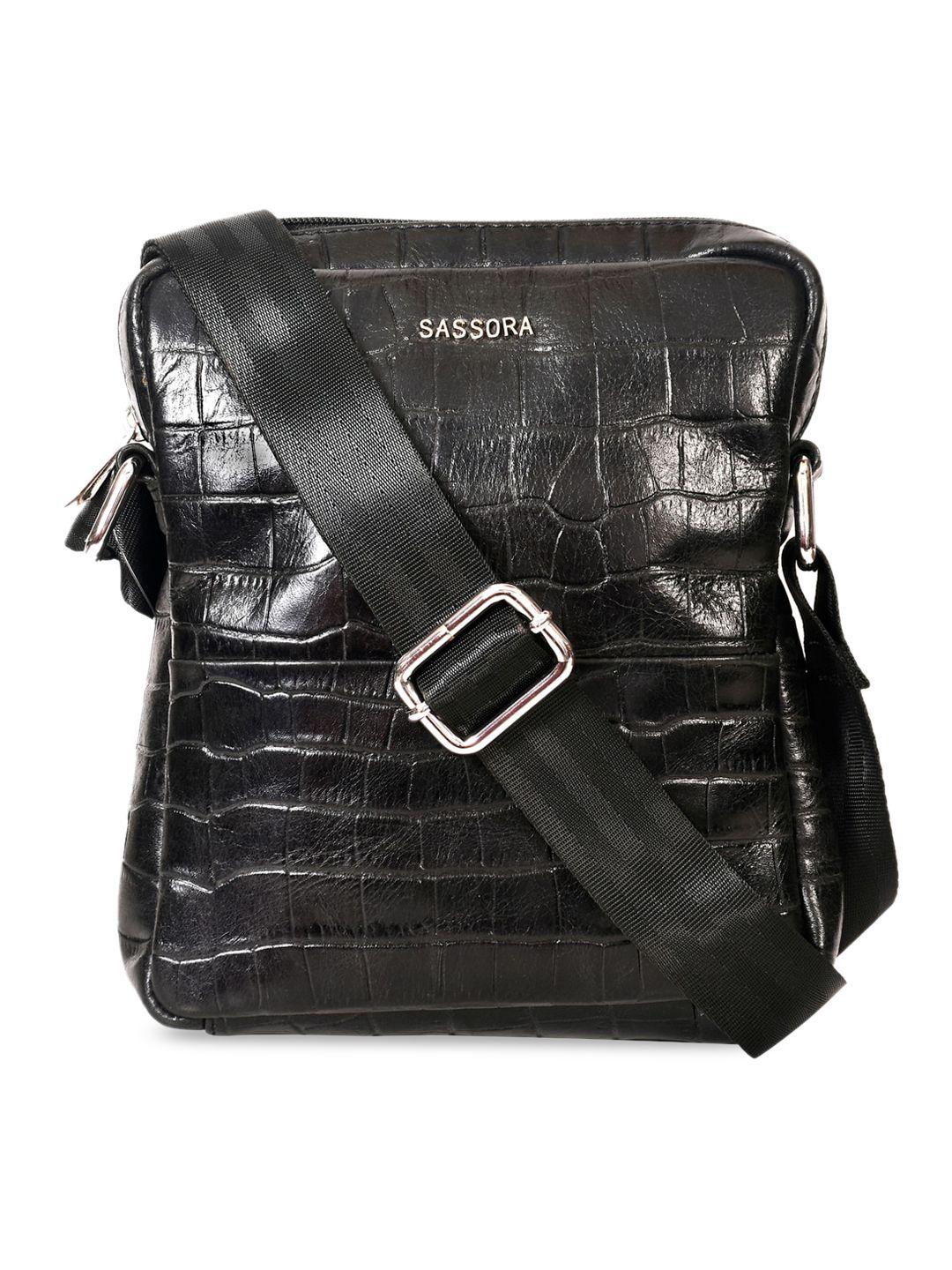 sassora black animal textured leather structured sling bag