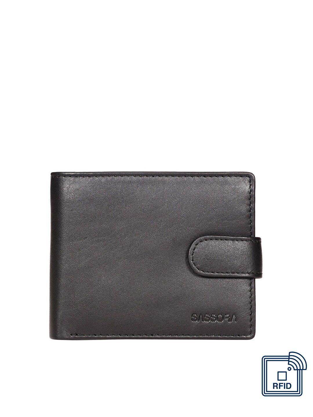 sassora men black buckle detail leather rfid two fold wallet