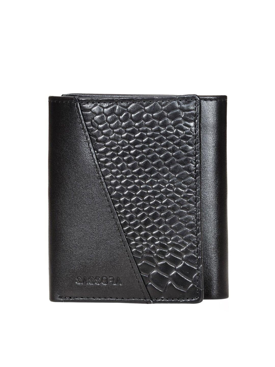 sassora men black textured leather three fold wallet