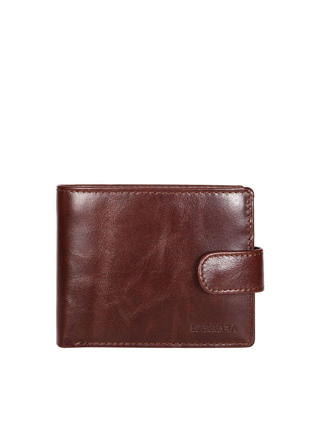 sassora men brown buckle detail leather two fold wallet