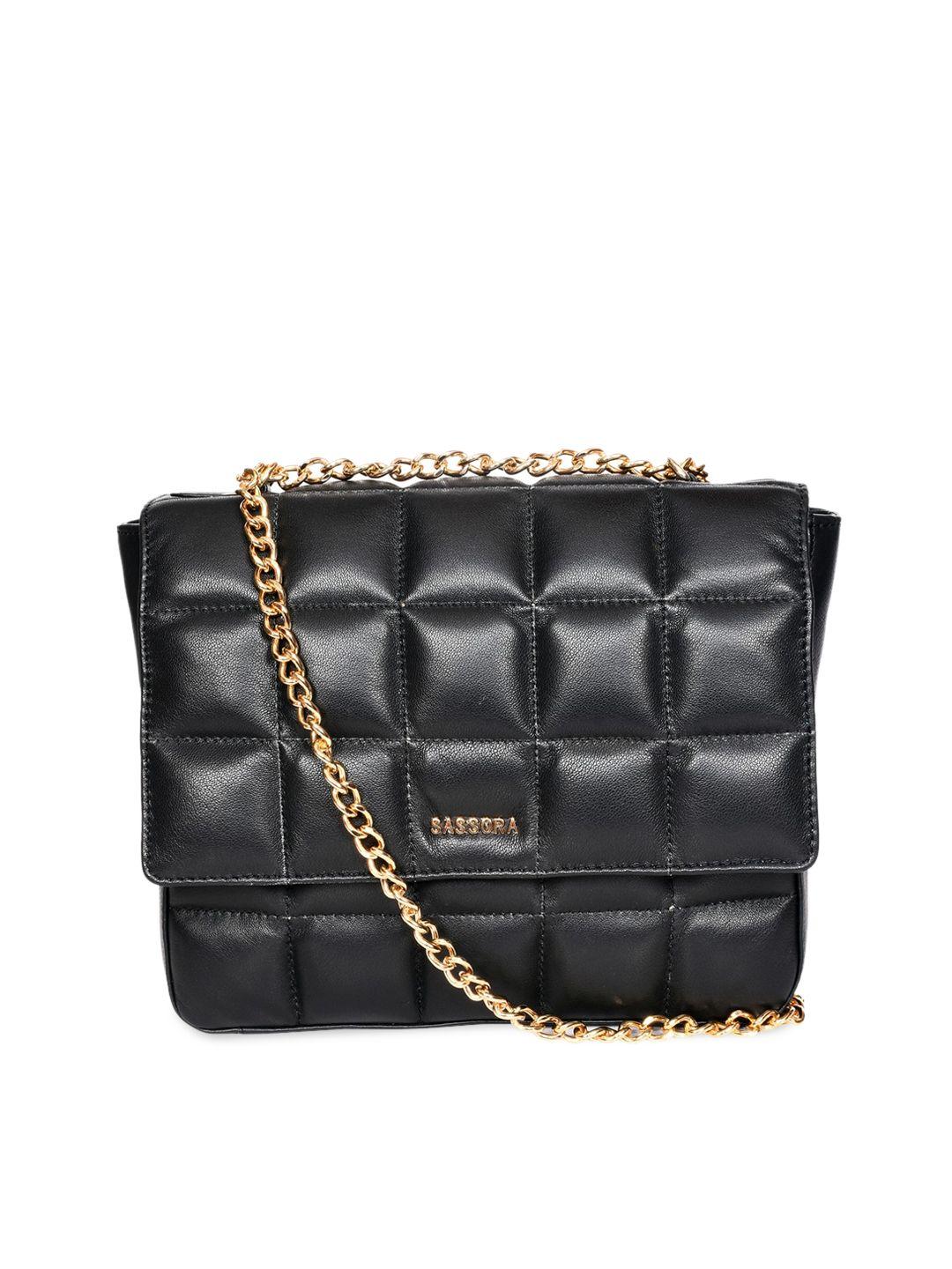 sassora black leather structured sling bag with quilted