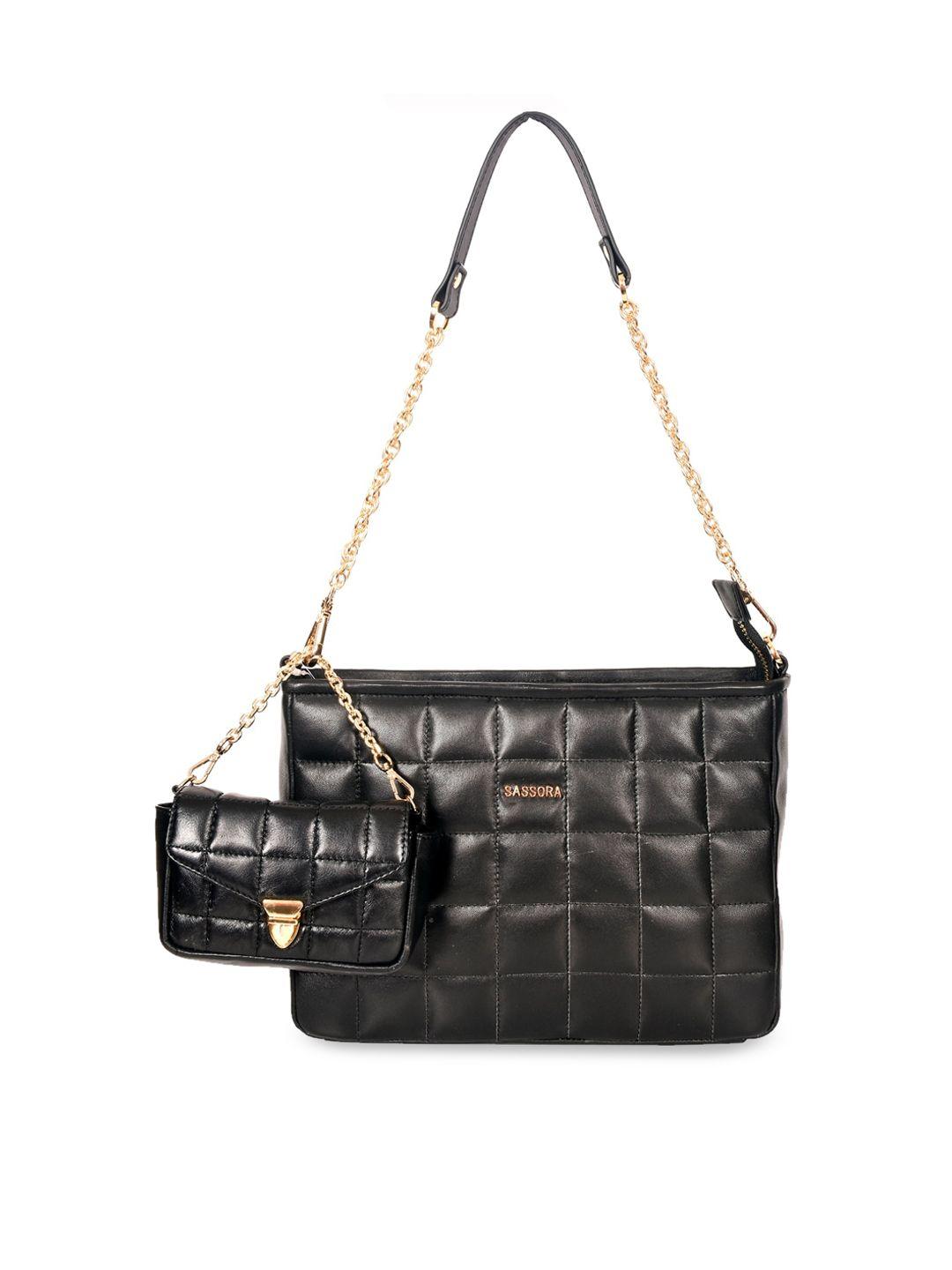 sassora black textured leather structured shoulder bag with quilted