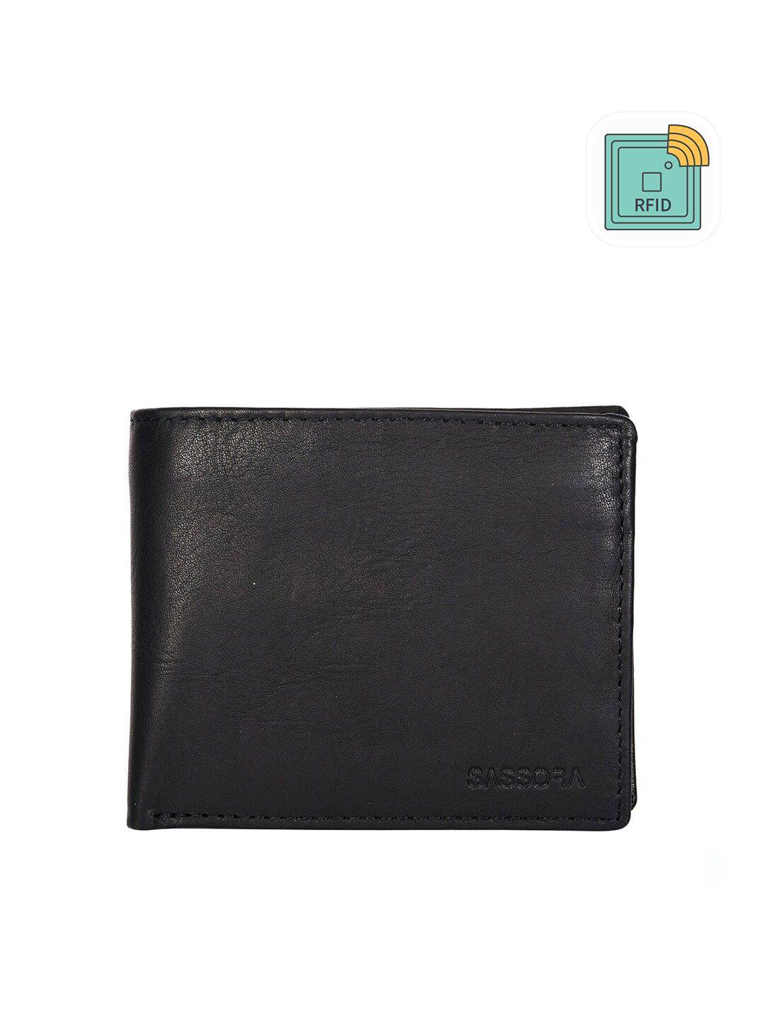sassora men black leather two fold wallet