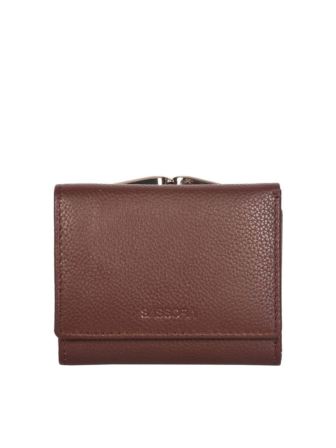 sassora men brown & gold-toned leather three fold wallet